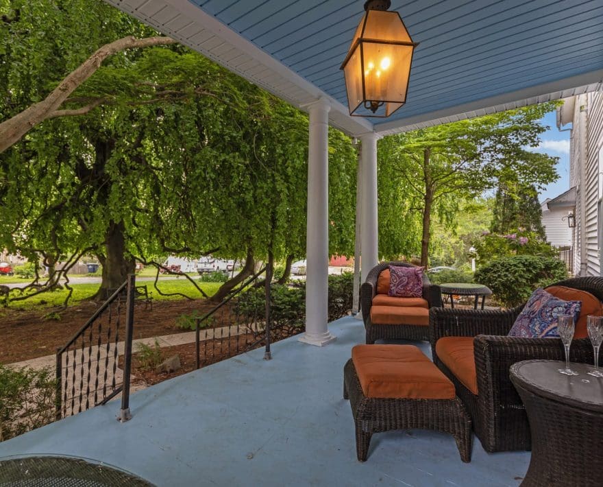 blue porch seating area at our bed and breakfast in Pennsylvania Amish Country